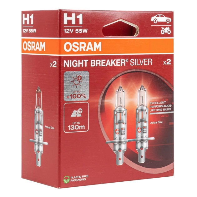 Halogeninės lemputės Osram H1 12V 55W P14,5s NIGHT BREAKER SILVER +100% /2 pcs