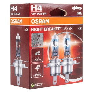 Halogeninės lemputės Osram H4 12V 60/55W P43t NIGHT BREAKER LASER +150%/2 pcs