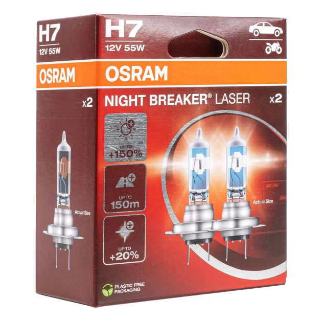 Halogeninės lemputės Osram H7 12V 55W PX26d NIGHT BREAKER LASER +150% /2pcs