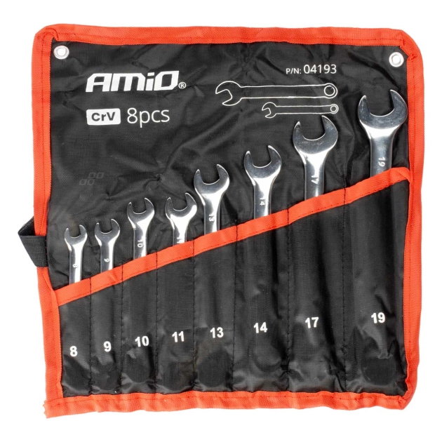 Atvirų veržliarakčių rinkinys 8-19 mm 8 vnt. AMIO-04193 Atvirų veržliarakčių rinkinys 8-19 mm 8 vnt. AMIO-04193