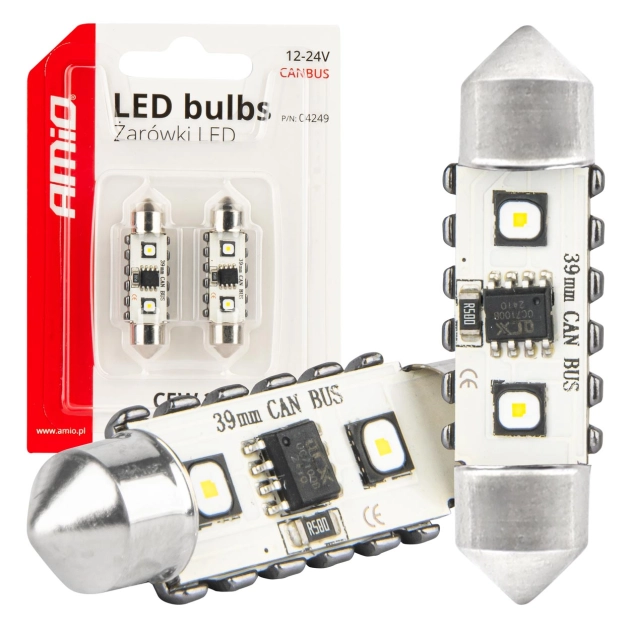 LED lemputės CANBUS 12SMD Festoon C5W 3838 39mm White 12/24V 