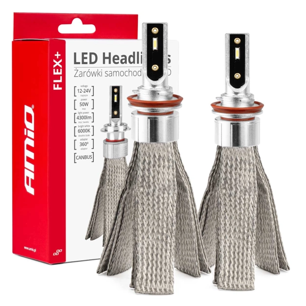 LED priekiniai žibintai FLEX+ serijos H8 H9 H11 H16 Canbus 6000K 12-24V AMIO-03663