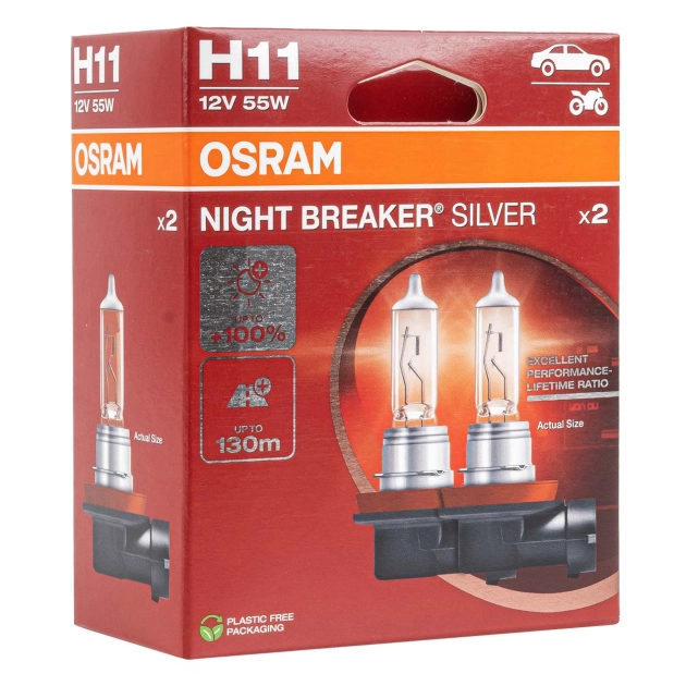 Halogeninės lemputės Osram H11 12V 55W PGJ19-2 NIGHT BREAKER SILVER+100% /2 pcs