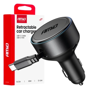 Retractable car charger C cable + USB C port 12/24V 60W AMIO-04368