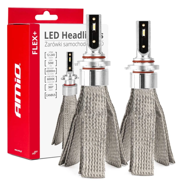 LED priekiniai žibintai FLEX+ serijos HB3 9005/HIR1 9011/H10 Canbus 6000K 12-24V AMIO-03664